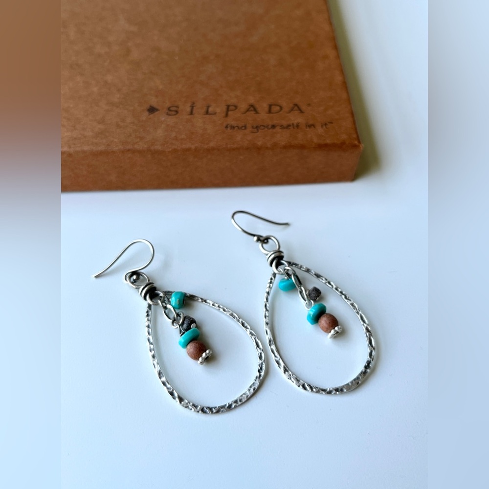 Retired Turquoise, Wood and Sterling Silver hammered Sterling Silver Earrings - Picture 1 of 4